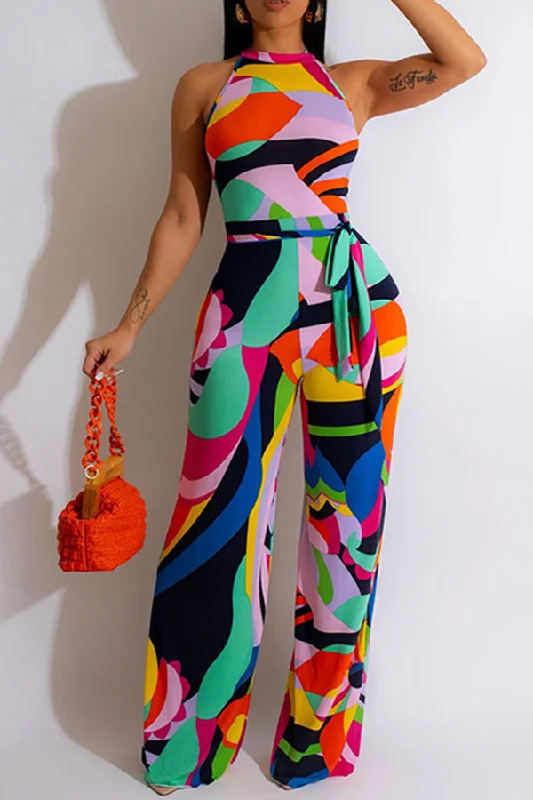 Cartoon Flower Print Colorful Belted Jumpsuit Daily Essentials