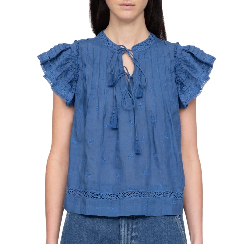 Loren Solid Flutter Sleeve Top In Blue Romantic Detailing