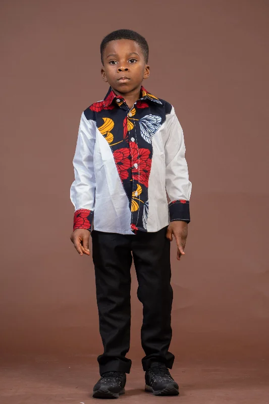 Trey Ankara Mixed Print Boy Shirt | White and African Ankara Print Shop Sale Items