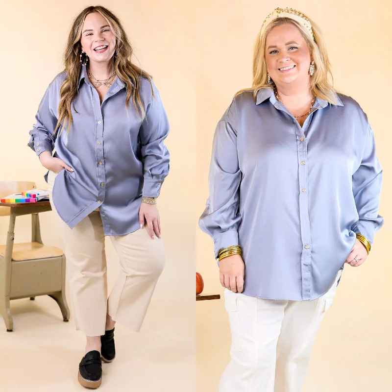 Tell Me Something Good Long Sleeve Button Up Top in Dusty Blue Women's Fashion Hotspots