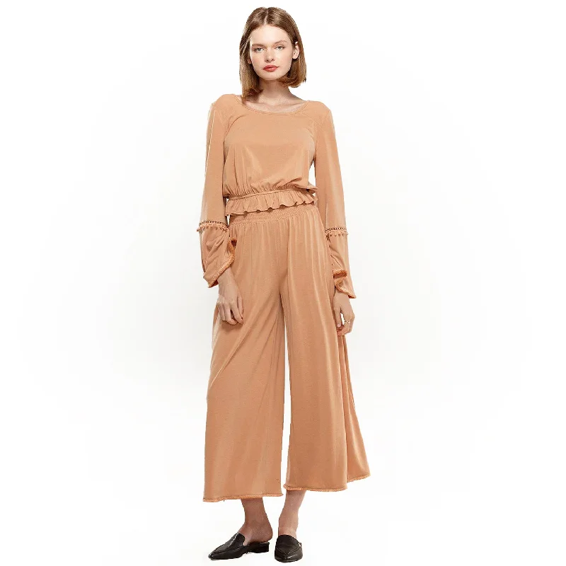 Smocked Waist Wide Leg Palazzo Pants in Apricot Stupidly Low Prices