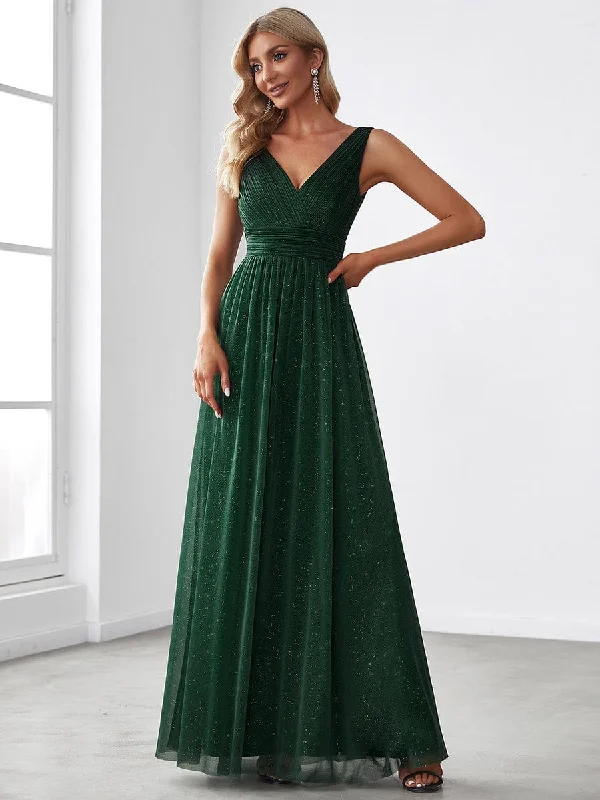 Joyce | Double V Neck Floor Length Sparkly Evening Dresses for Party Chic Trends Unveiled