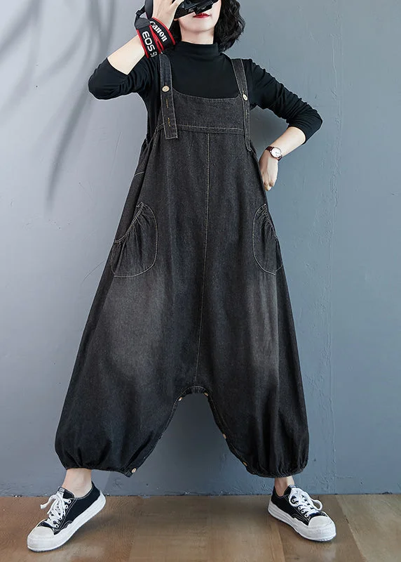 Black Wear On Both Sides Denim Jumpsuit Oversized Pockets Summer Flash Sale, Don't Miss