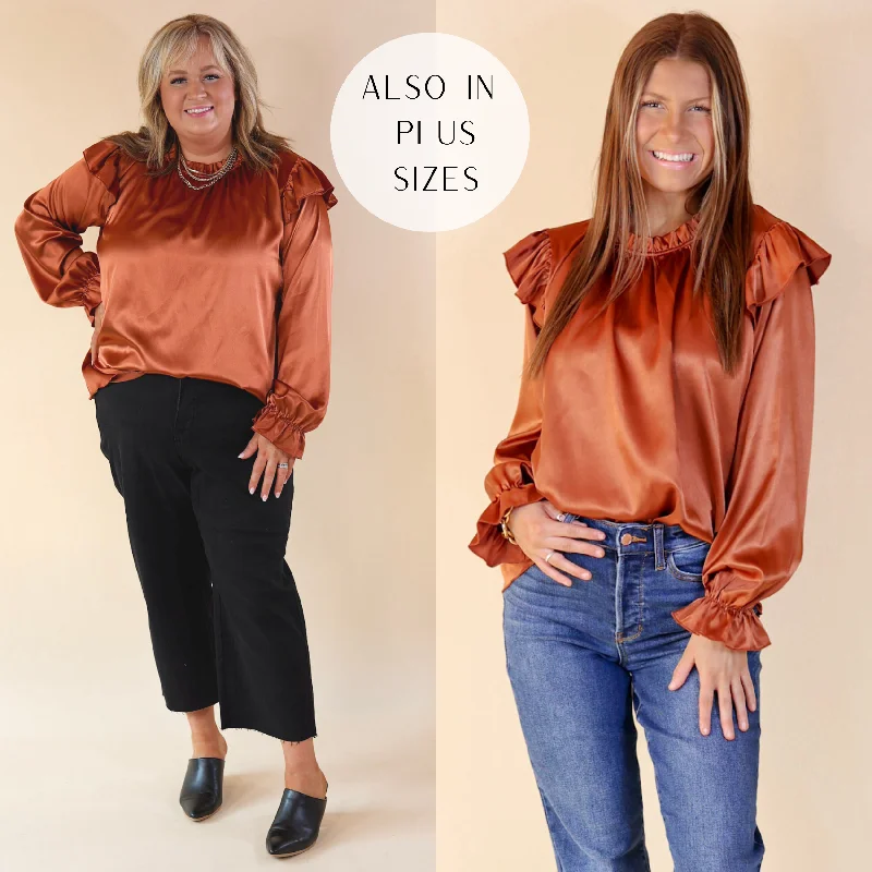 Can't Stop Me Ruffle Mock Neck Long Sleeve Satin Top in Rust Brown Luxe Layering