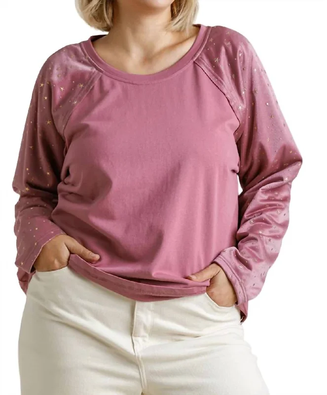 Star Layered Mesh Sleeve Top In Berry Comfort Centric Apparel