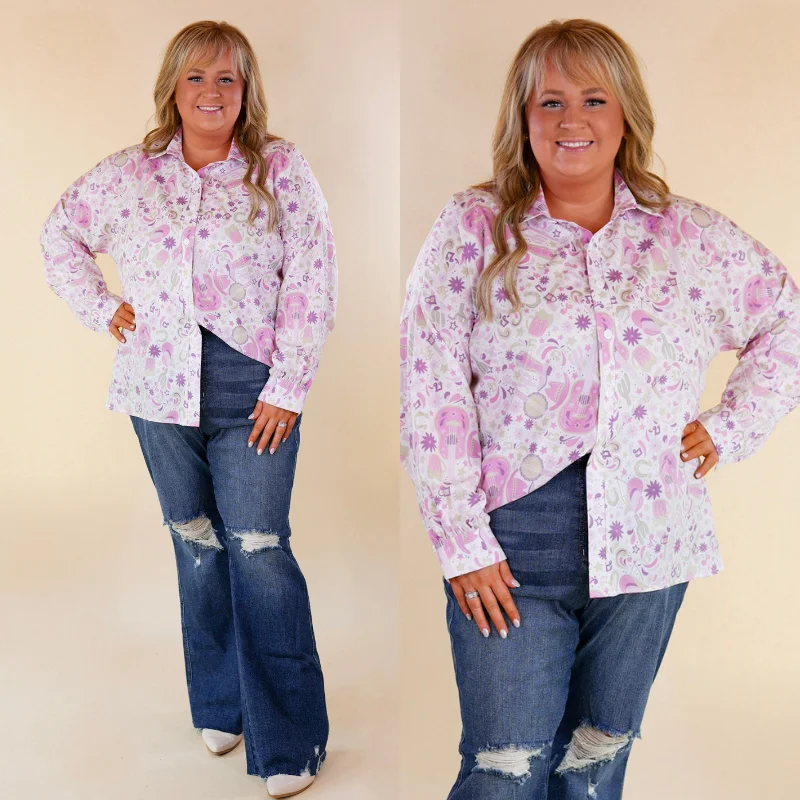 The Cowgirl Way Button Up Purple Music Print Top in White Sale Event, Prices Rock