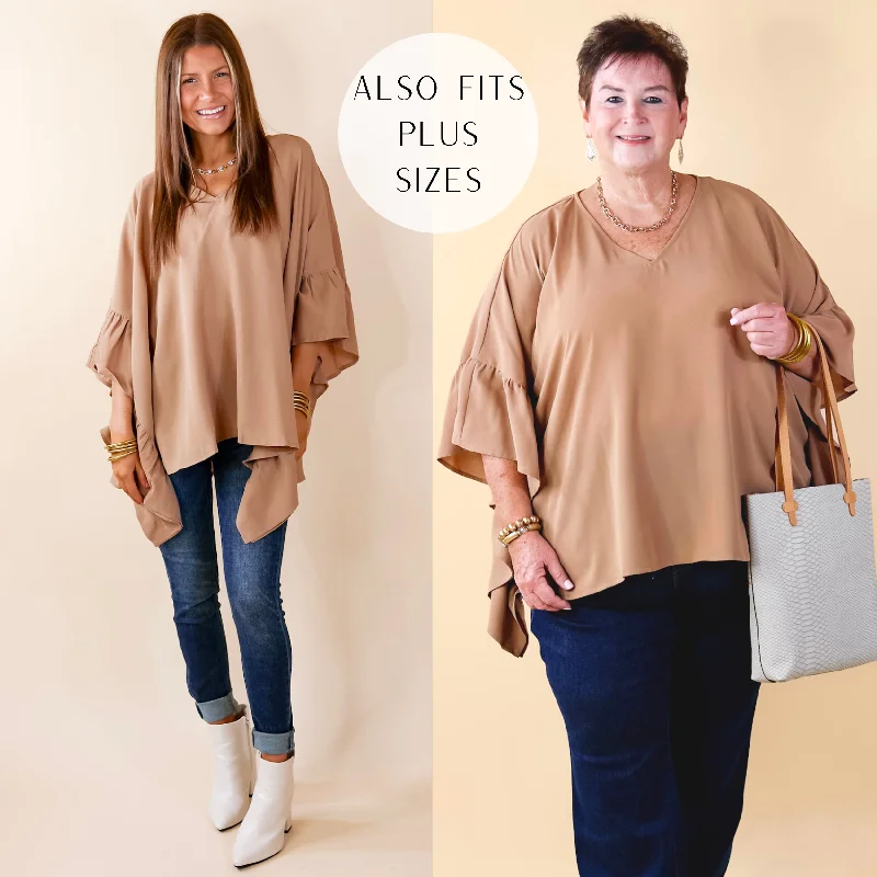 Secret Strength Ruffle Detail Poncho Top in Mocha Brown Elegant Style