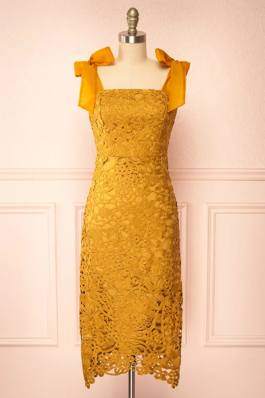 Zelly | Fitted Midi Mustard Crocheted Lace Dress Mid - Week Surprise