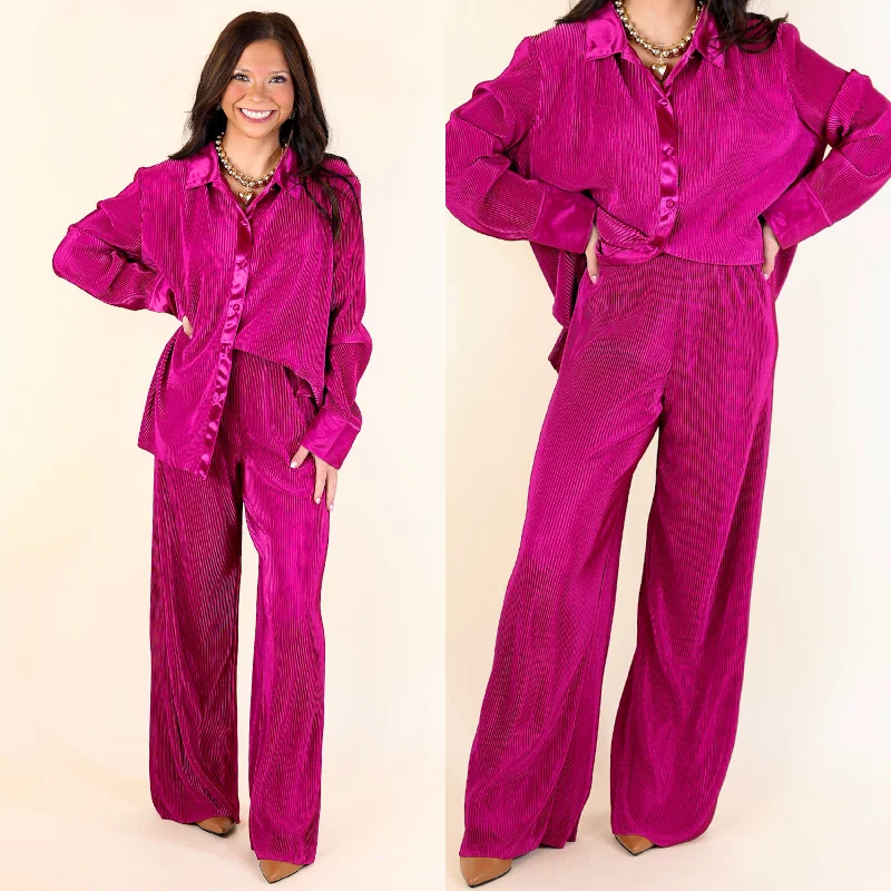 Dazzling Satin Plissé Ribbed Pants in Magenta Pink Summer Splash Sale