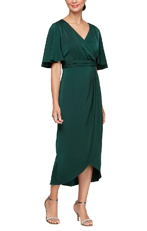 Midi Satin Charmeuse Surplice Neckline Dress with Ruched Waist, Flutter Sleeves & Overlay Skirt Chic And Edgy