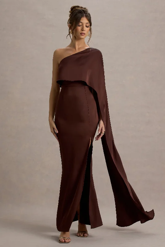 Amora | Brown Satin Asymmetric Cape-Sleeve Split Maxi Dress Beat The Heat In Tropical Styles