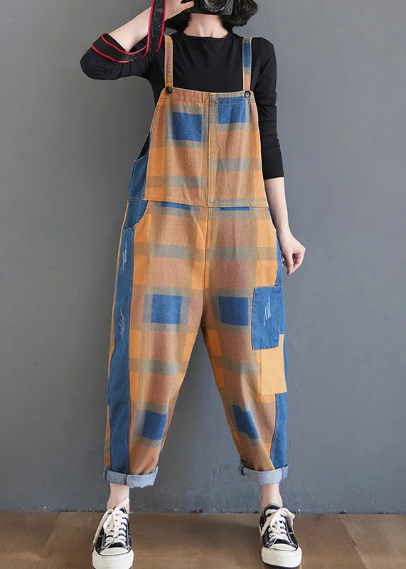 Unique Plaid Pockets High Waist Patchwork Cotton Jumpsuit Fall Elevate Your Wardrobe