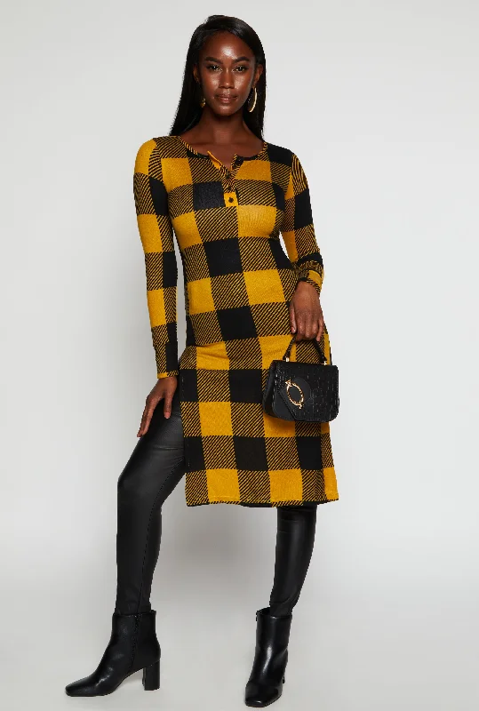 Plaid Side Slit Long Sleeve Tunic Top Seasonal Trend