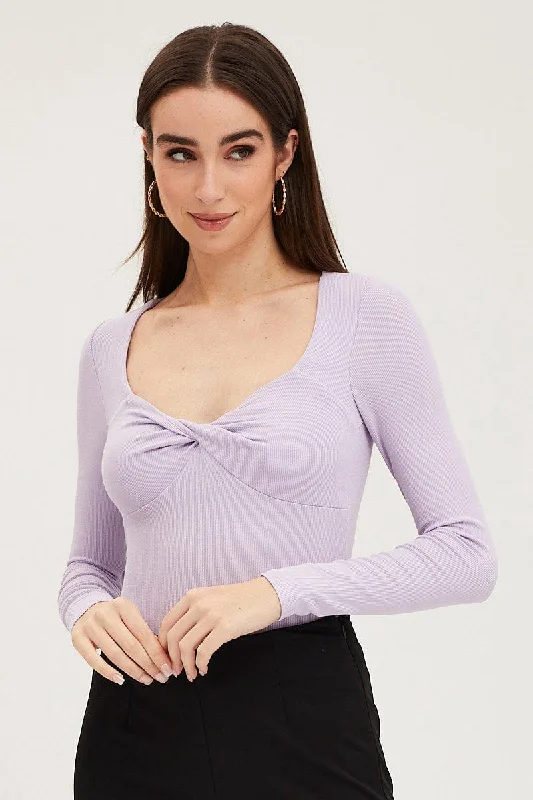 Purple Twist Front Top Ribbed High End Women's Wear