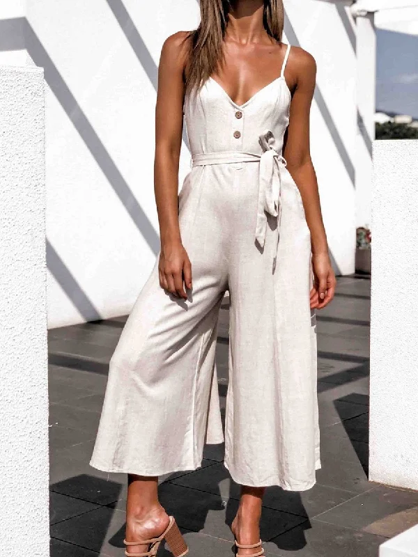 V-Neck Belt Loop Linen Pocket Jumpsuit Trendy Aesthetics