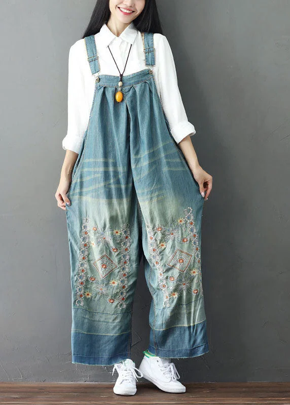 Simple Light Blue Patchwork Embroideried Denim Wide Leg Jumpsuit Spring Polished Finish