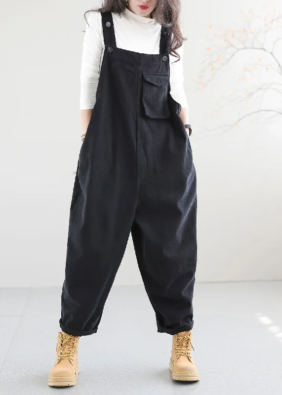 Black Pockets Patchwork Cotton Jumpsuit Button Spring Seasonal Sale