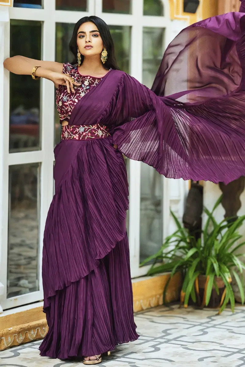 Latest Purple Color Ruffle Saree With Belt Stupidly Low Prices