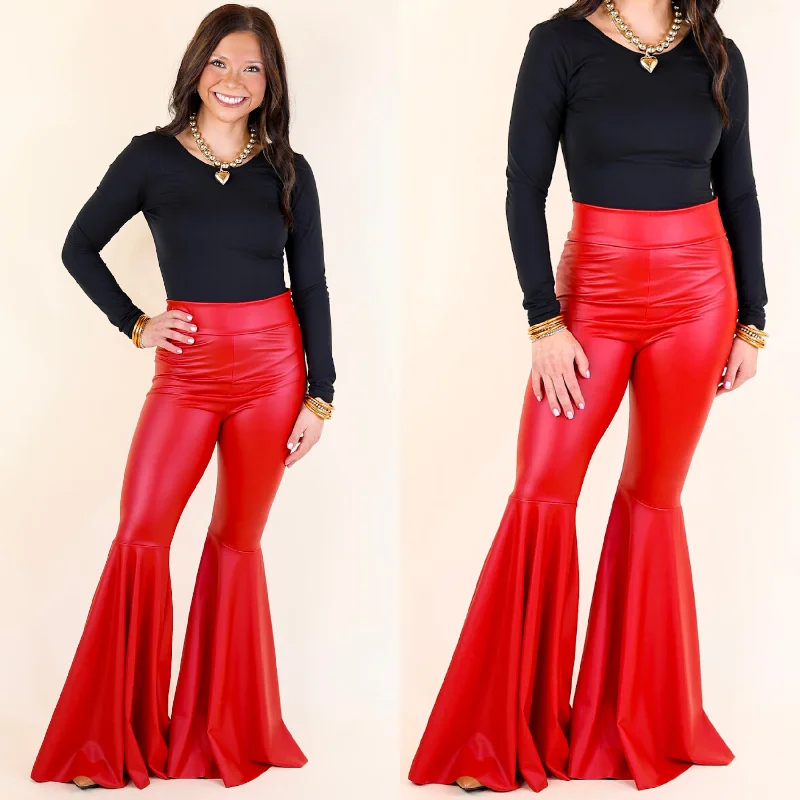 Nearly Famous Faux Leather Bell Bottom Pants in Red Vintage Elegance