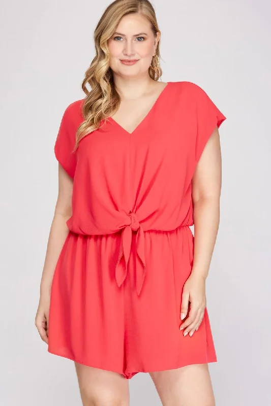 CHERRY PINK DROP SHOULDER TIE FRONT PLUS SIZE WOVEN ROMPER S12PSY1608R Flash Sale Fever