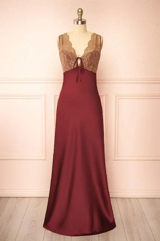 Evara Burgundy | Maxi Satin Slip Dress w/ Lace Day To Night Styles