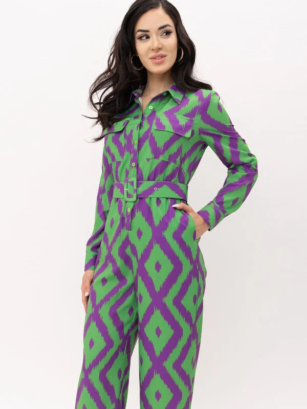 WOMEN'S LONG SLEEVE BUTTON UP POCKETS BELTED PRINTED JUMPSUIT Chic Outfits