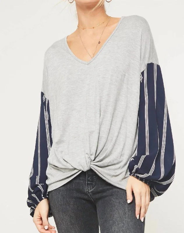 Sunday Funday Stripe Print Sleeve Top In Grey/navy Luxury Style