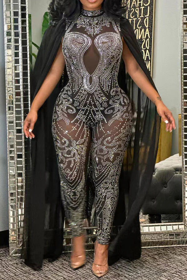 Rhinestone Feminine Cape Sleeve See-Through Jumpsuit Relaxed Style