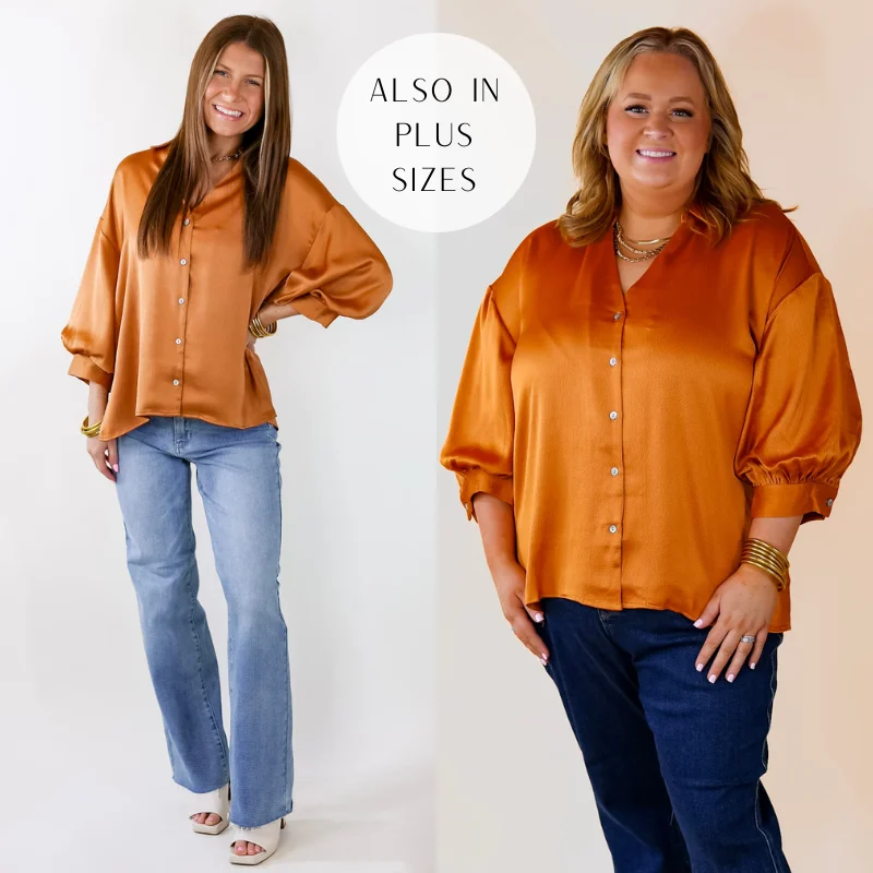 Sweet Notion Button Up 3/4 Balloon Sleeve Top in Pumpkin Orange Vibrant Femme Fashion