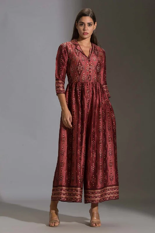 Maroon Printed Silk Jumpsuit Trendy Women's Wear