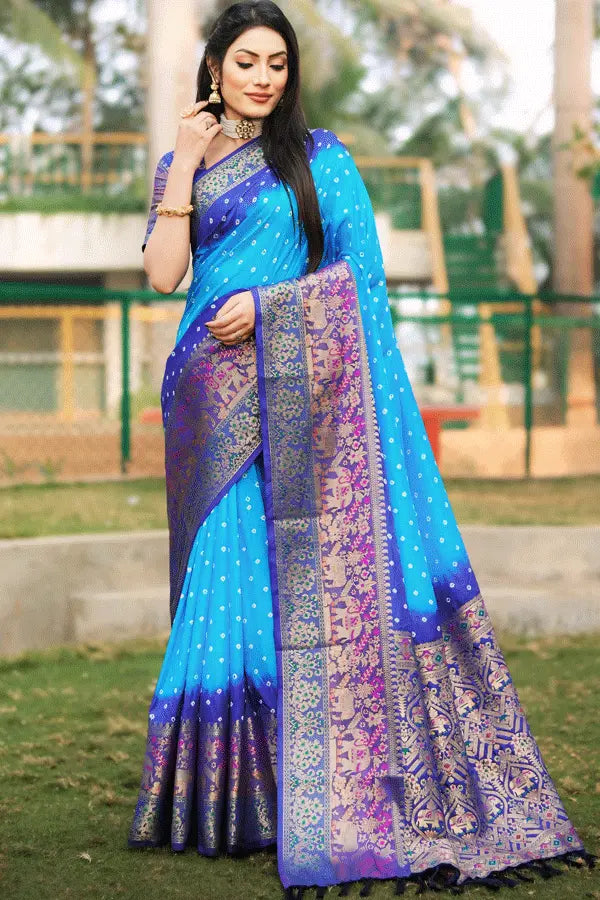 Sky Blue Bandhani Saree Vintage Style Clothing Sale