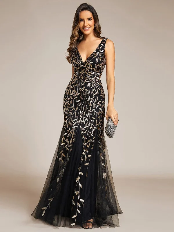 Women's Double V-Neck Fishtail Sequin Evening Dress Vintage Inspired Fashion Sale