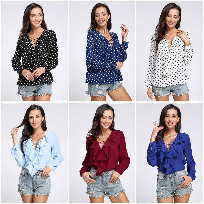 CHIFFON RUFFLED COLLAR LACE-UP TOP Sale Event, Prices Rock