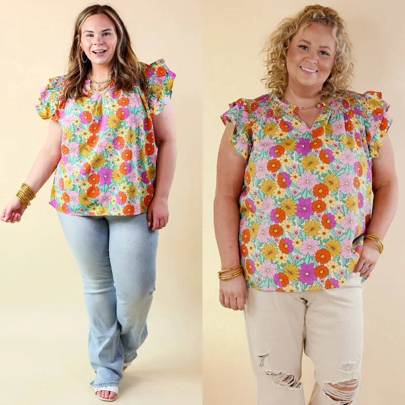 Pretty Days Floral Notched Neckline Top in Cream Travel Essentials