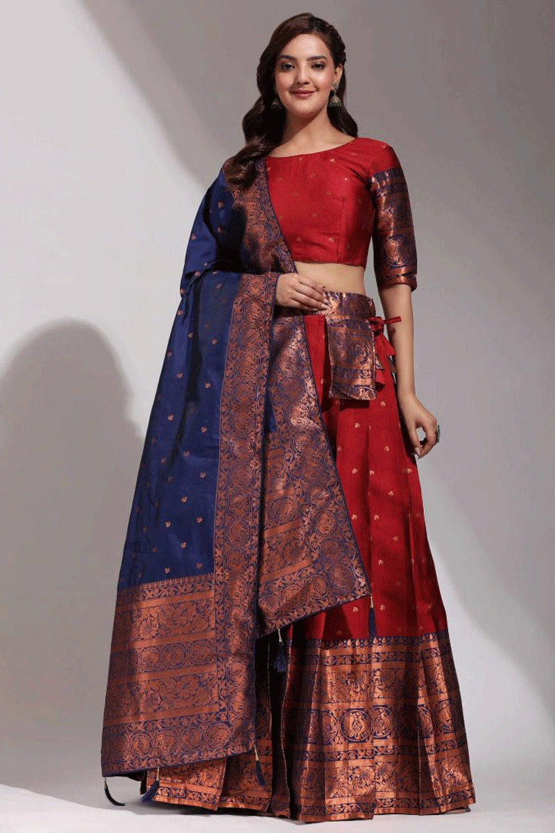 Traditional South Indian Half Saree Look in Maroon Colour For Women Essentials On Sale