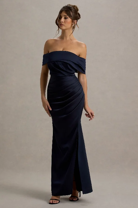 Martine | Navy Satin Bardot Wrap Maxi Dress Chic Styles