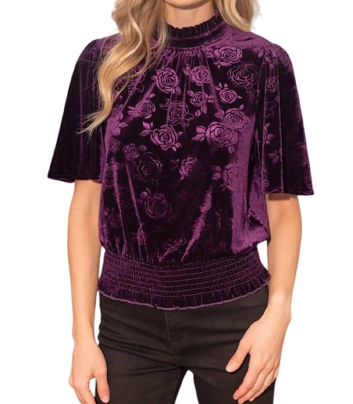 Floral Pleated And Smocked Velvet Top In Purple Trendy Attire For Her