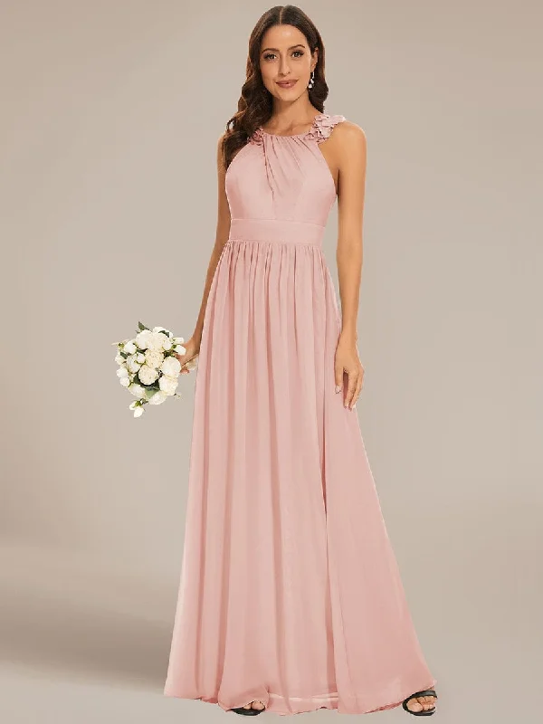 Floral Applique Sleeveless Pleated Chiffon Bridesmaid Dress Elegant Styles