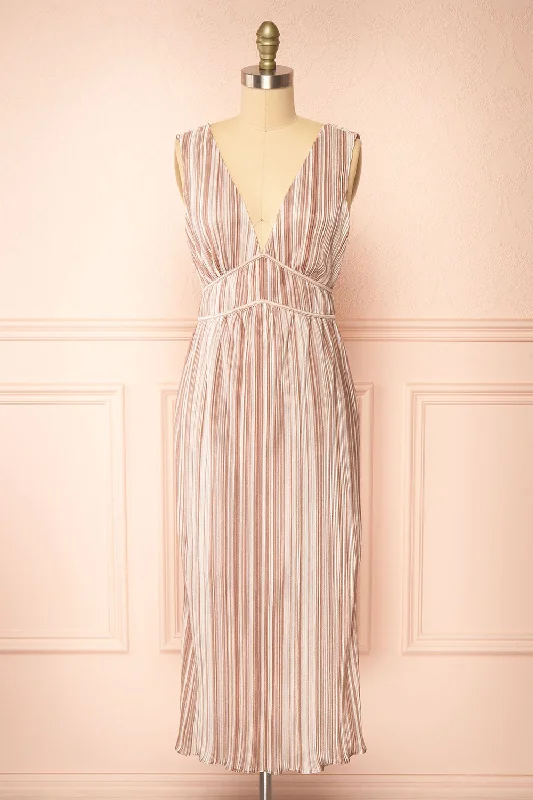 Gloriane | Pleated Beige Multi-Tone Dress w/ Slit Classic Timeless Elegant Style