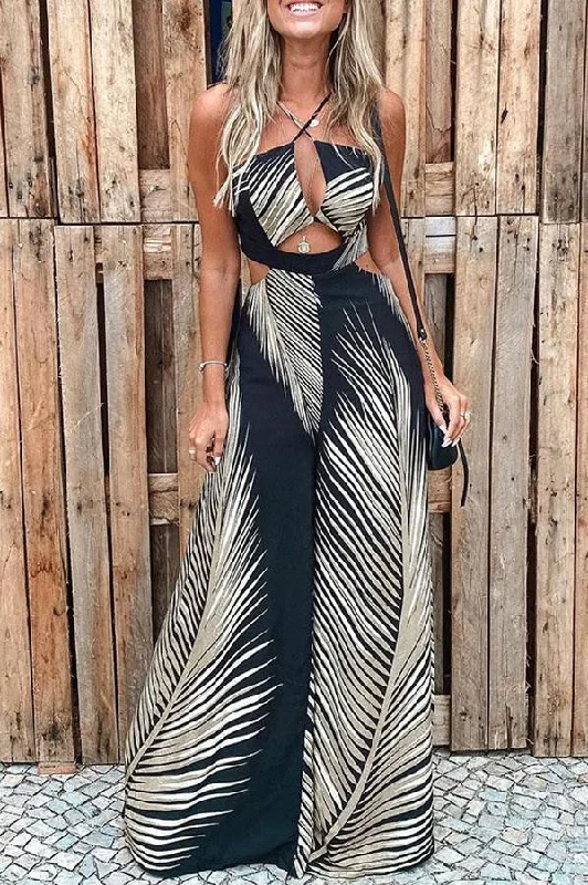 Tropical Palm Leaf Print Cutout Elastic Waist Flare Jumpsuit Chic Trends For The Fashion Savvy