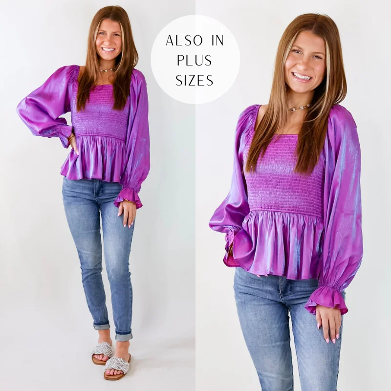 Perfect Vision Smocked Long Sleeve Top in Iridescent Purple Hot Trends