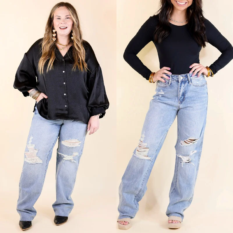 Judy Blue | Retro Remix Destroy Knee 90's Straight Leg Jeans in Medium Wash Athleisure Wear Promotion