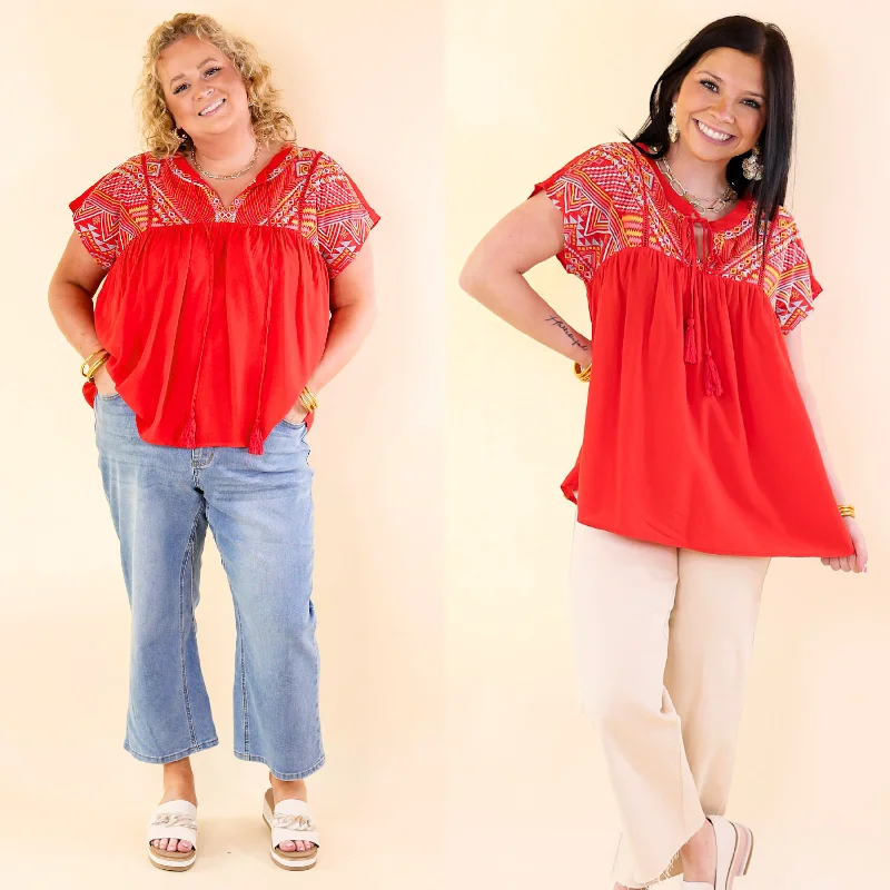 Forgotten Paradise Embroidered Top with Front Tie in Red Seasonal Sale