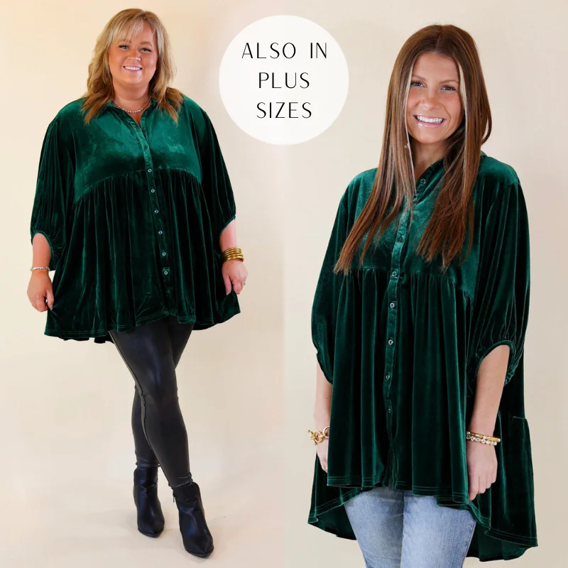 Love Link Button Up Velvet Half Sleeve Babydoll Tunic Top in Emerald Green Limited Stock