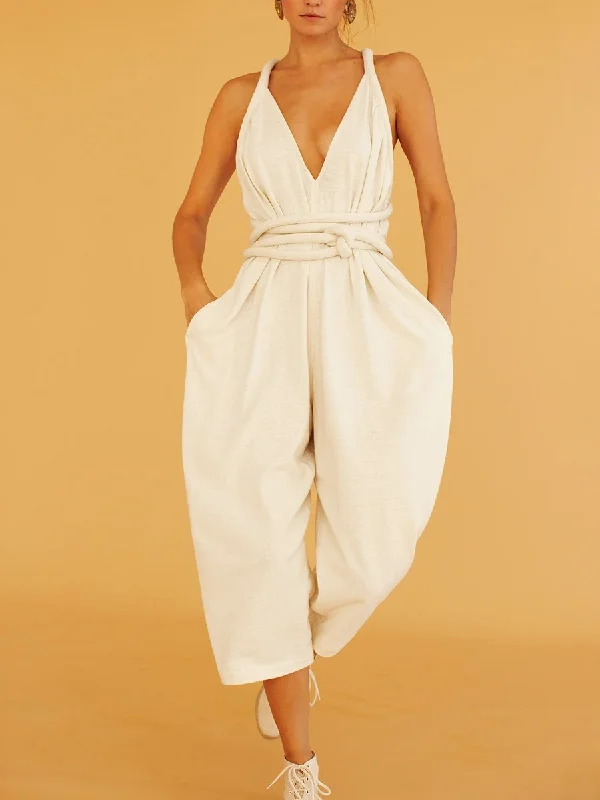 Women's Fashion White Loose Cropped Jumpsuit Seasonal Trend