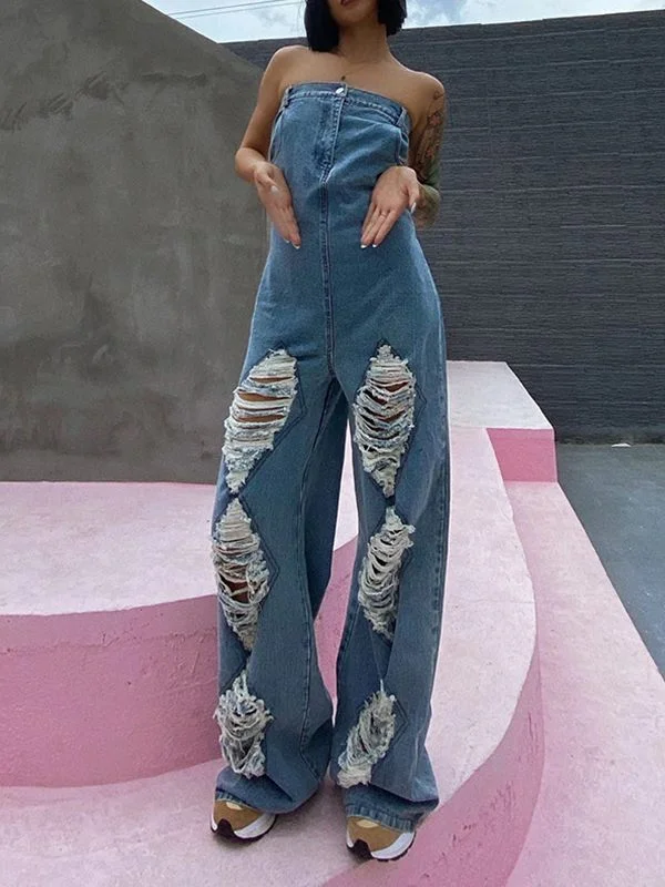 Motionkiller Ripped Strapless Denim Jumpsuit Stylish Spring Fashion