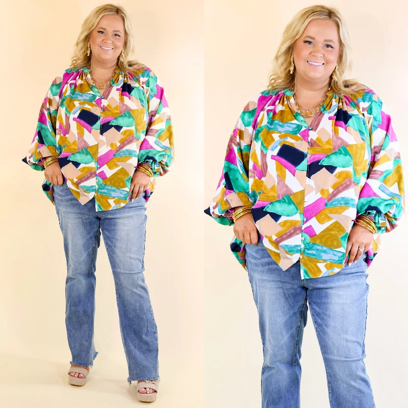 Possible Romance Geometric Print Button up Top in Green and Purple Mix Trendy Street Style Attire