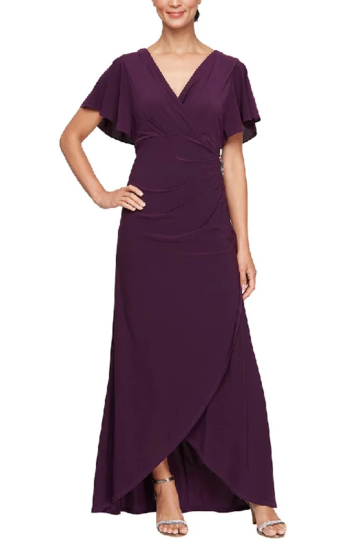 Long Empire Waist Surplice Neckline Dress with Flutter Sleeves, Beaded Detail at Hip and High/Low Hem Forward Trendsetter