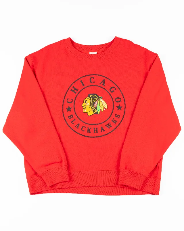 chicka-d Ladies Chicago Blackhawks Heavyweight Old School Star Seal Crewneck Athleisure Wear Special Offer