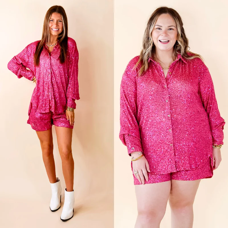 Little Miss Perfect Sequin Button Up Top in Fuchsia Pink The Epitome Of Modern Women's Fashion